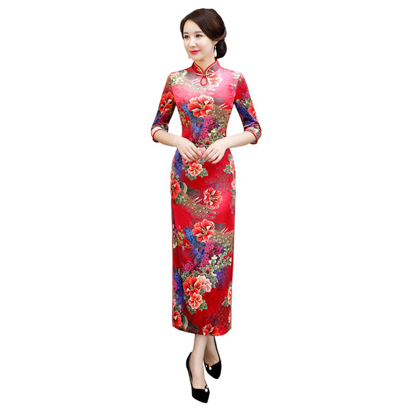 Shanghai Story 2022Autumn New Arrival Keyhole Floral Qipao Velvet Cheongsam Dress Long Chinese Traditional Clothing for Women