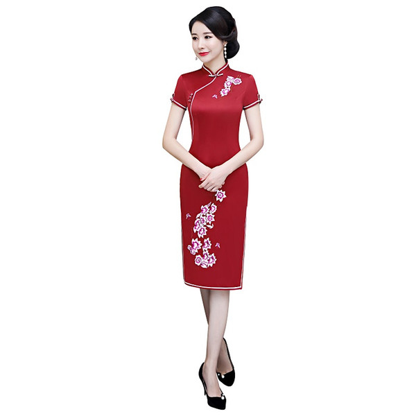 Shanghai Story Red FlowerEmbroidery Qipao Knee Length Chinese Traditional Dresses Faux Silk Cheongsam Dress Chinese Women's Dress