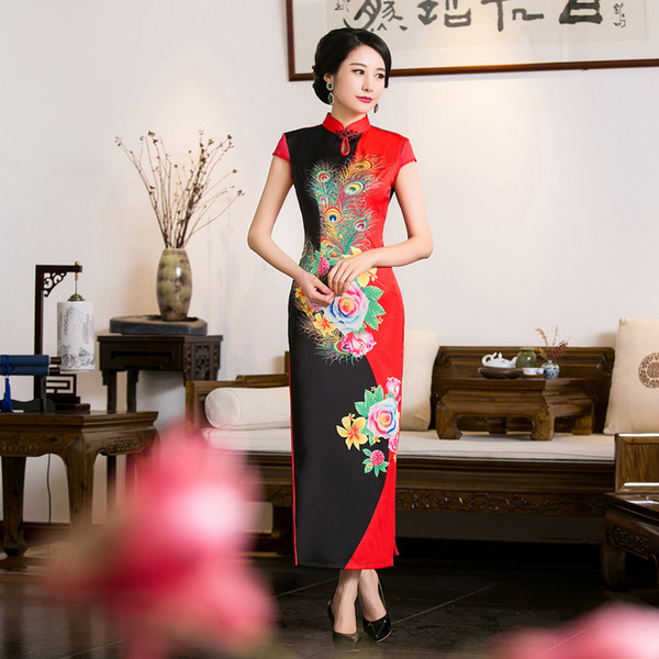 Shanghai Story chinese qipao dress Chinese Phoenix Print Cheong-sam Evening Dress Silk Cheongsam Long Qipao