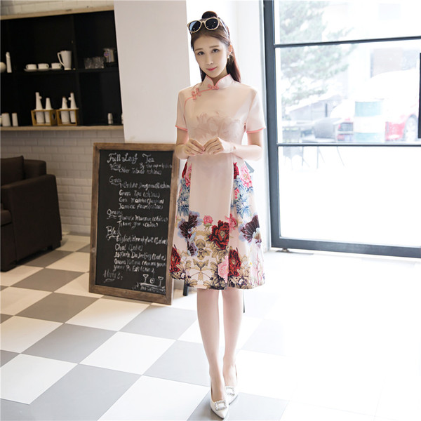 Shanghai Story Short Sleeve cheongsam dresses Woman's Qipao Knee Length Floral Print qipao floral Fishtail Dresses