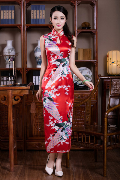 Shanghai Story New arrival Faux silk long cheongsam dress Peacock print evening Dresses Traditional chinese dress sexy qipao dresses 4 Color