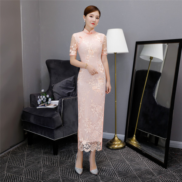 Shanghai Story 2022New Sale Short Sleeve Vintage Floral Qipao Long Lace Cheongsam Dress Women's Chinese Traditional Dress