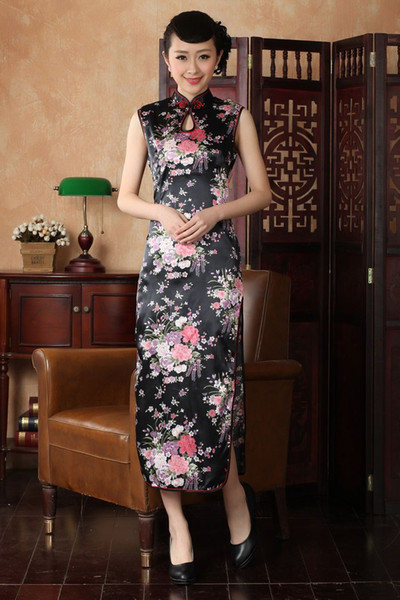 Shanghai Story Faux silk long Chinese cheongsam dress Flower print evening Dresses Traditional chinese dress sexy qipao dresses