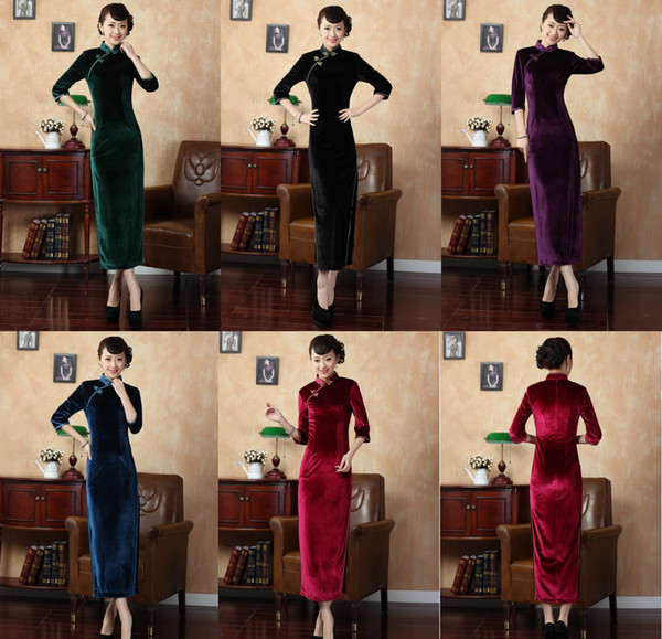 Shanghai Story new Three Quarter sleeve long cheongsam vintage dresses Printing velet qipao Mandarin Collar cheongsam