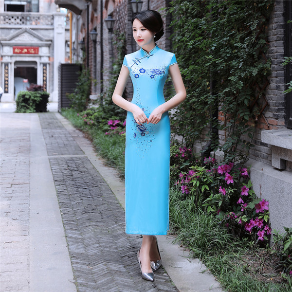 Shanghai Story 2022New Cheongsam Short Sleeve High Split Long Qipao Dress Blue chinese Oriental dress