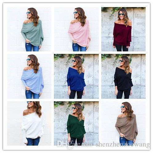 3XL Women Long Batwing Sleeved Loose Open Cold Shoulder Top Boat Neck Bare Shoulders Yarn Knitted Sweater