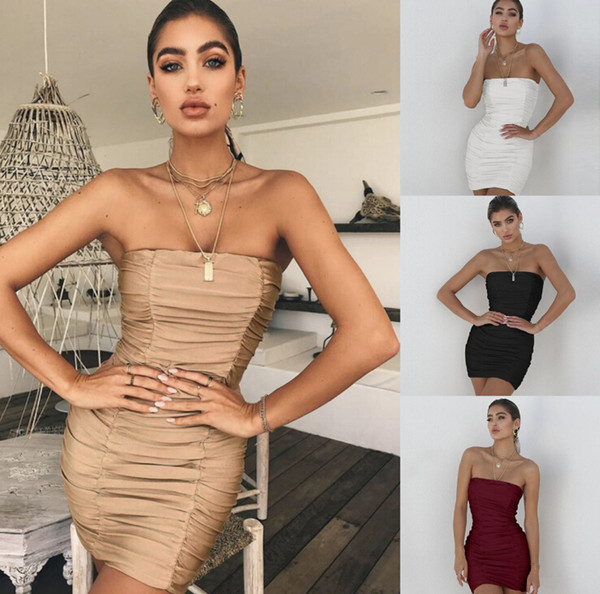 Women Sexy Slash Neck Pleated Sleeveless Clubwear Casual Bodycon Dress Drawstring Draped Solid Mini Dress