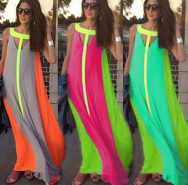 Fashion New Bright Color Patchwork Casual Dresses Sleeveless Sundress Loose Long Dress Cheap Women Summer Boho Maxi Dresses