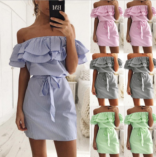 Womens Strapless Slim Solid Color Striped Mini Dresses Female Summer Casual Evening Party Ruffle Dresses Free Shipping