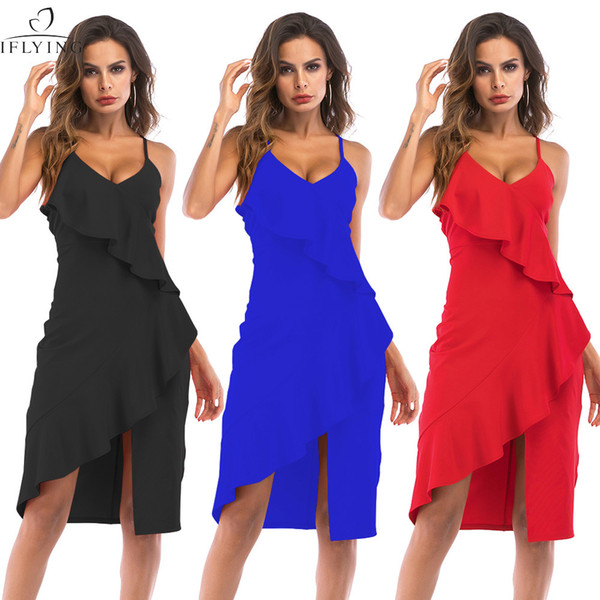 IFLYING Women Summer Women Deep V Neck Asymmetrical Spaghetti Strap Dress Party Evening Beach Casual Dresses