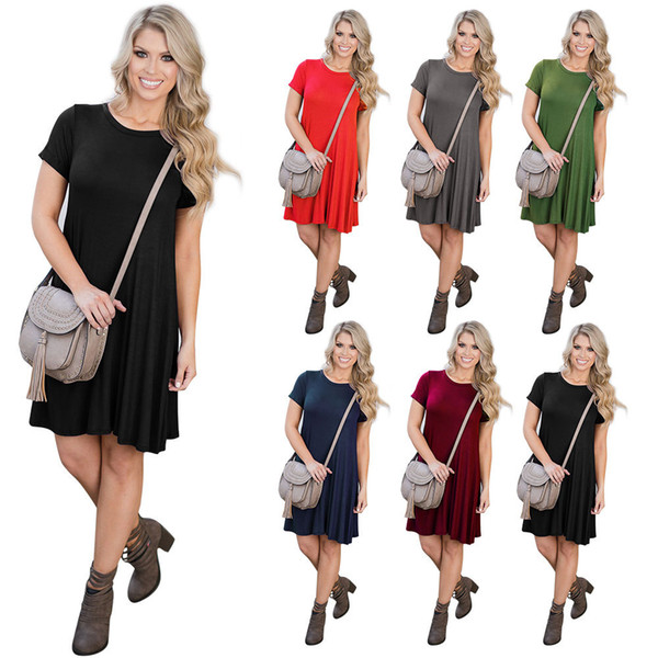 Buyter(TM) Women Dress Summer Casual Solid O-Neck Short Sleeve Solid Front Lace-up Pleated Elastic Female Maxi Dresses