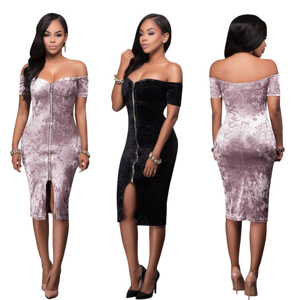 Buyter(TM) Elegant style strapless club off the shoulder casual sexy bandage Diamond velvet collar skirt zipper Club dress