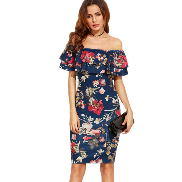 Buyter(TM) Plus size casual summer dress Night club sexy Digital printing long-sleeved word shoulder dress