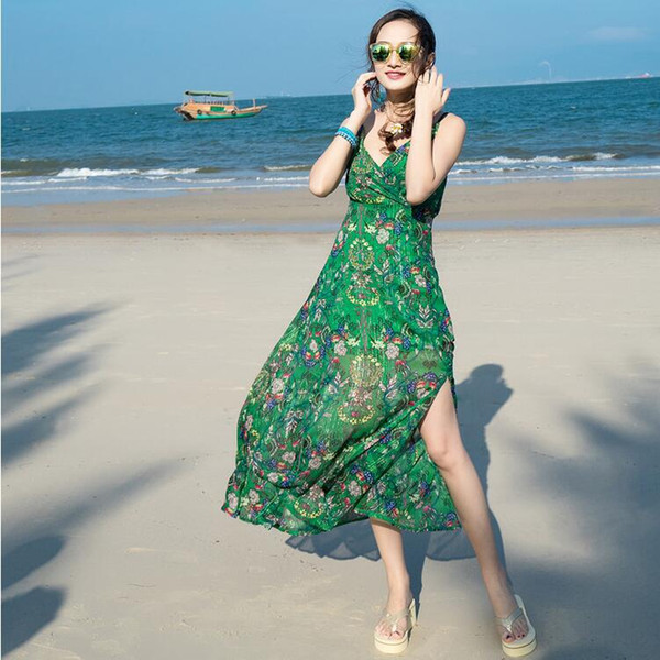 Buyter(TM) New women's high quality printing gold folk style V seaside beach dress Halter collar down green and yellow