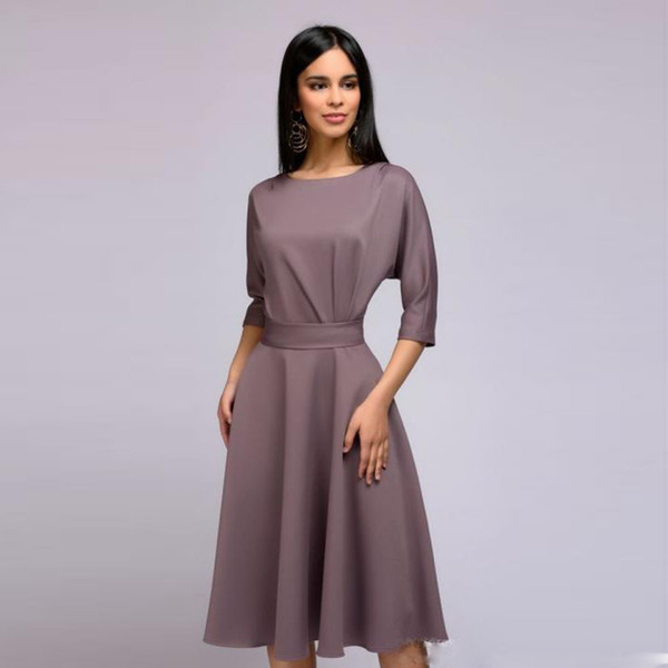 2018 Summer New Style Slim OL Commuter A Line Dress Pure Color Round Neck Seven Sleeve Body Shaping Hip Pack One StepDresses Mujer Vestidos