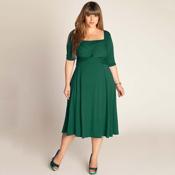 Mujer Vestidos Patio Grande Euramerica Spring Big Code Women's Wear Five Sleeves Long Folding Square Collar Plus Size Green Women Dress