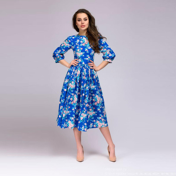 2018 Summer Euramerica New Style Small Flowers Long Style Dresses Fashionable Body Shaping Round Neck Paneled Women Dresses Mujer Vestid