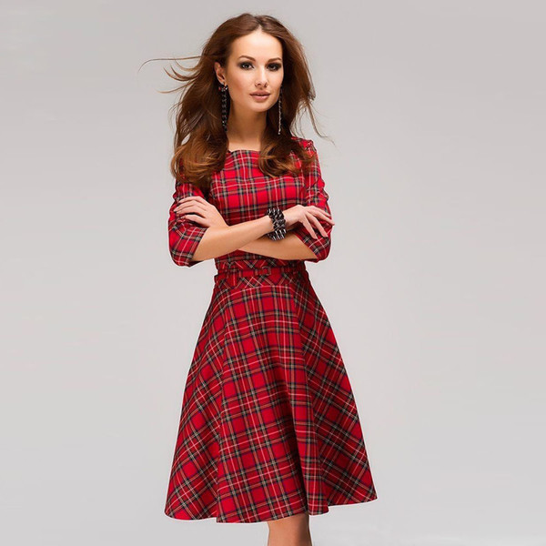 British Lattice A-line Dress Waist Slim Body Shaping Plaid Printing Retro Fashion Women Medium Length Skirt Dresses For Lady Mujer Vestidos