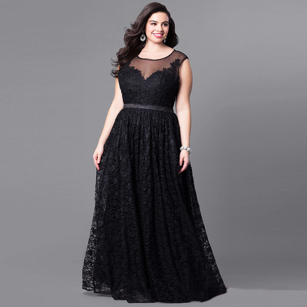 2018 Hot New European Style Big Size Round Neck Europe and America Plus Size Tamanho Patchwork Lace Sash Black Party Dress Vestido de fiesta