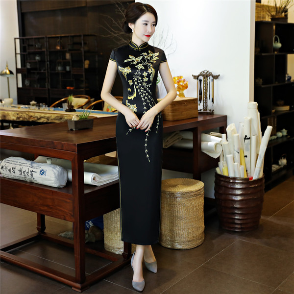 Shanghai Story 2018 Faux Silk Long Cheongsam Black qipao golden printed Chinese traditional Dress national trend oriental dress