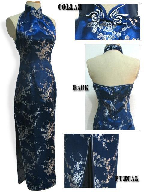 Shanghai Story Navy Blue Backless Traditional Chinese Dress Gown Halter Long Cheongsam Dress Faux Silk Qipao Formal Party Dress S-3XL