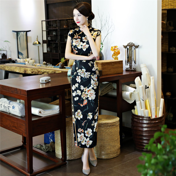 Shanghai Story Faux Silk Long Cheongsam Black qipao Folk Style Dress Chinese traditional high class level printed flower oriental dress