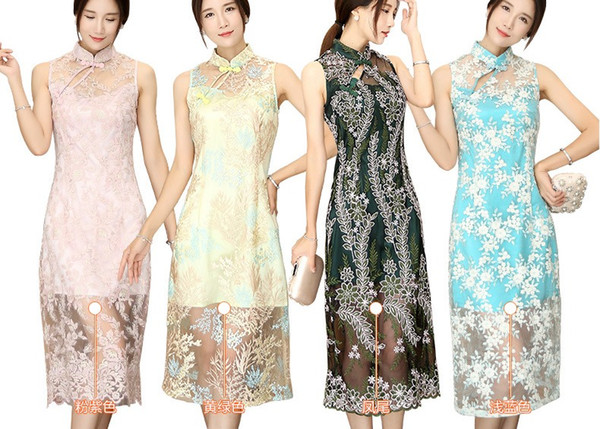 Shanghai Story Summer Spring See Through Cheongsam Style Dress Long Qipao For Woman 4 Color