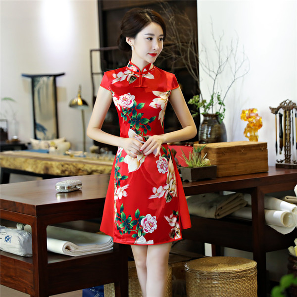 Shanghai Story Faux Silk Short skirt Red Folk Style Dress Chinese traditional Dress Vietnam aodai For Woman