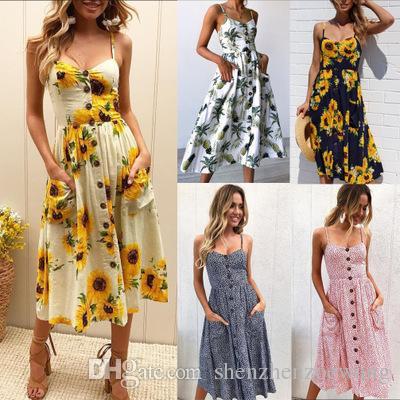 Beach Holiday Wear Floral Braces Skirt Spaghetti Shirt Dress Tank Top Skirt Flower Printing Gallus-Shirt Blouse Long Dresses