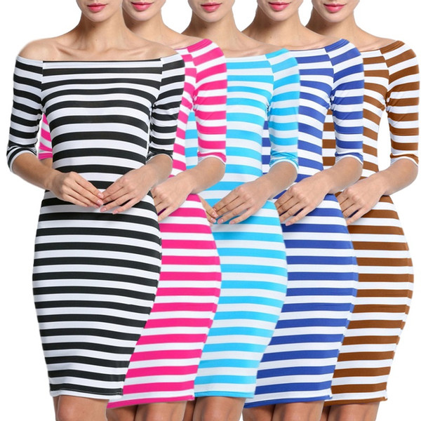 2017 Fashion New 4 Colors Bodycon Elastic Dress ZSIIBO Women Stripes Half Sleeve Knee Length Casual Off the Shoulder Pencil Dresses LYQ57-F