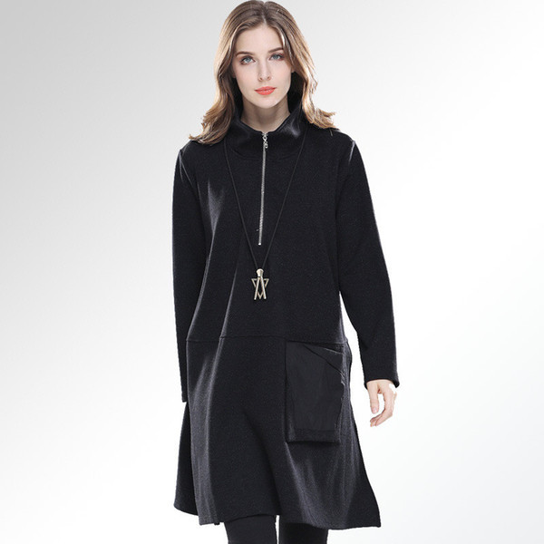 2019 Spring Autumn Women New Winter Stand neck long Flare Sleeve Black Brief Personality Big Size Swearshirt Women Fashion Dress