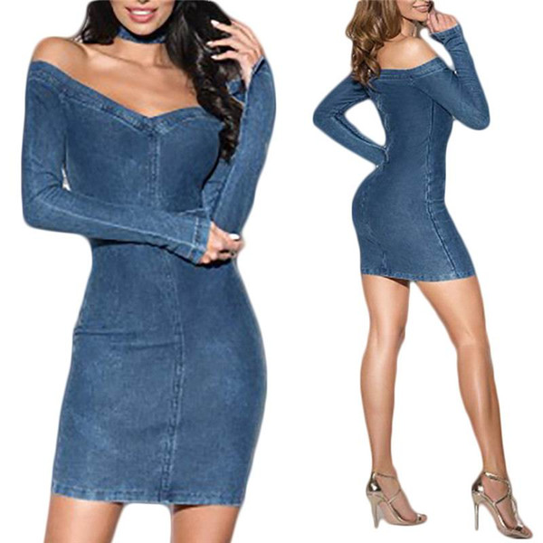 2019 Pydownlake Autumn Spring Slim Sexy Tight Denim Dress Nightclub Clothes Ladies Long Sleeve V neck Skinny Mini Short Dresses