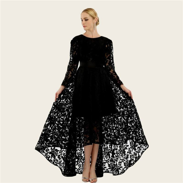 2019 Pydownlake Black Lace Hi lo Dress Empire Lady O Neck Sexy Long Sleeve Party Dress Casaul Dress