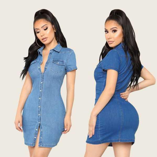 Pydownlake Summer Jeans Dresses Women Slim Casual Vintage Short Sleeve Jeans Denim Dress 2019 New Fashion Dress