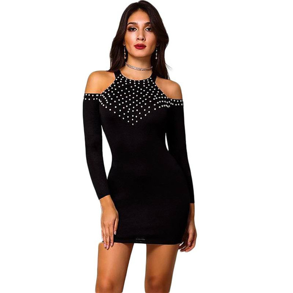 Pydownlake 2019 Autumn Black Bodycon Dress Sexy Bandage off Shoulder Club Dress Long Sleeve Deep V Neck Halter Backless Women Dress