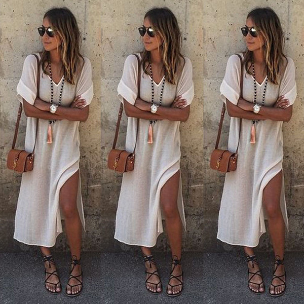 Womens Maxi Dress Summer White Evening Cocktail Party Dress Hippie Boho Beach Long Dress Size S-2XL DH126