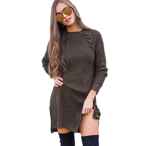 ashion Women Braided Straps Side Slit Long Sleeve Knitting Dress Casual Party Club Long Sweaters Pullovers Ladies Knit Tops CL335