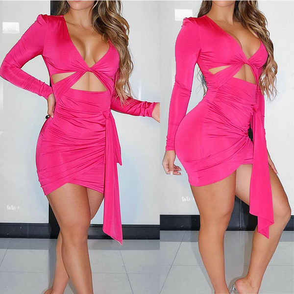 Hot Sale Sexy Women Long Sleeve Bodycon Dress Pink Dress Clubwear Night Club Dress HY0270