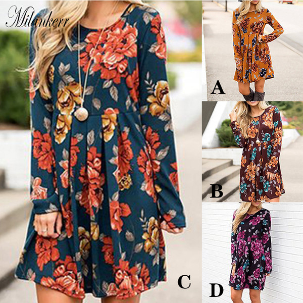 Ladies Summer Autumn Fashion Dress Women Casual Flowers Printed Long Sleeve O-Neck Pullover Fold Loose Pencil Dress S-3XL Plus Size HY0169