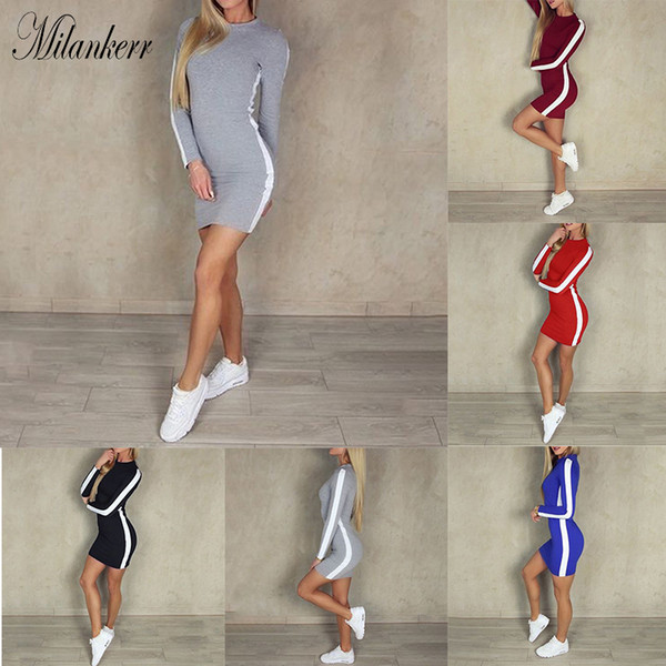 Women Autumn Dress Ladies Contrast Color Patchwork Long Sleeve O-Neck Pullover Casual Sexy Club Tight MIni Package Hip Mini Dress HY0069