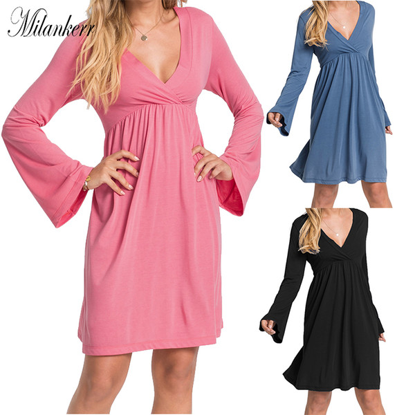 Women Summer Autumn Casual Dress Solid Color Female Trumpet Long Sleeve Deep V- Neck Pullover Loose Ootsuka Straight Dresses Vestidos HY0078