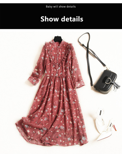 Chiffon Dress 2019 Spring New Style Women Stand Collar Long-Sleeve High Waist European And American Lady