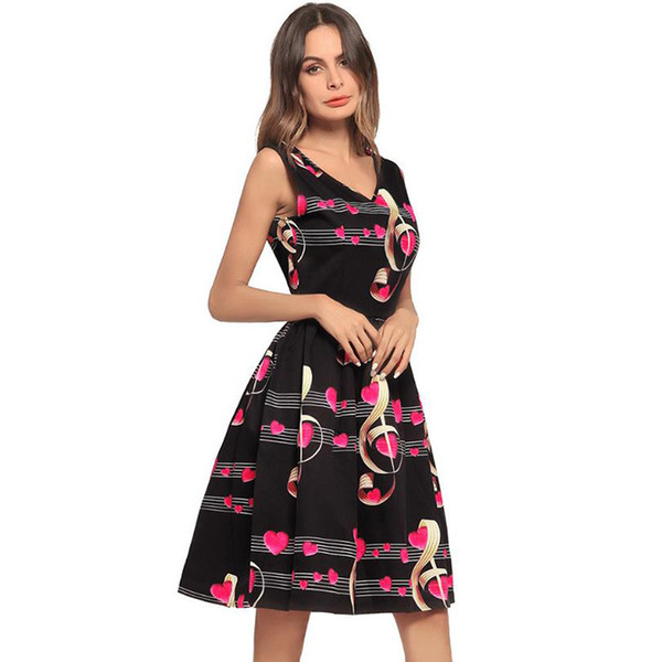 DIDI Female Summer Clothes For Women Elegant Music Notes Love Decoration Dress Fashion Printing Short Sleeve Dress DN153