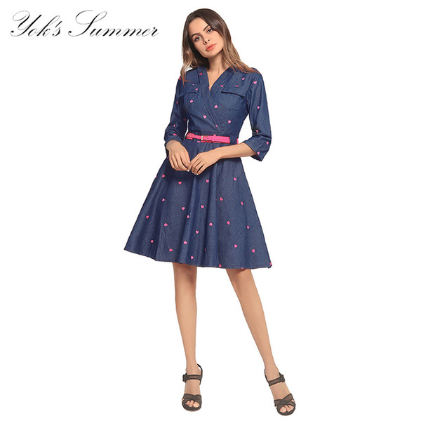 Yok's New Embroidery Casual Dress Female V-Neck Sleeve Denim Dress Matching Belt Designer Quality Sweet Dresses Vrouw Jurk DN137