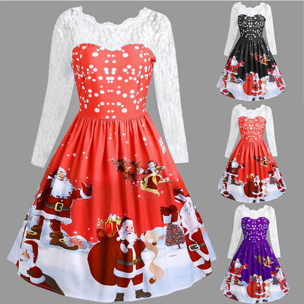 chrismas dress Women lady Merry Christmas Vintage Santa Claus Print Lace patchwork Party mini Dresses new year women clothes