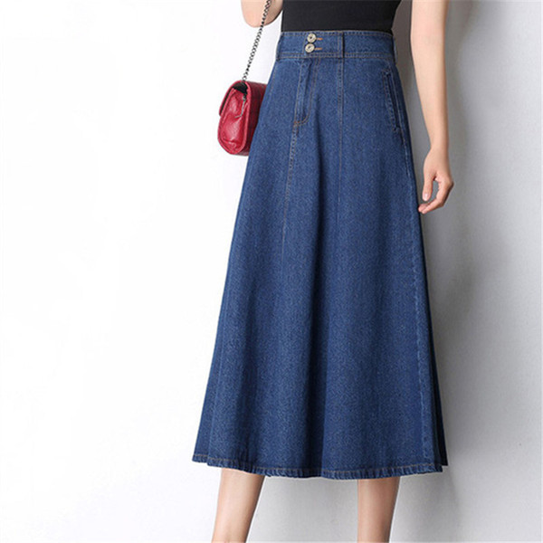 Women Cotton Long Denim Skirt With Pockets 2017 Casual Vintage High Waist Denim Maxi Skirts Jeans A-line Plus