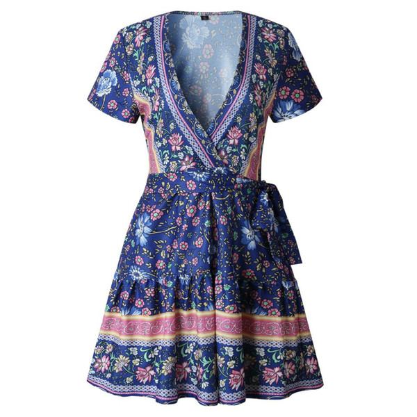 Spring And Summer Fashion Retro-printed V-tie Short-sleeved Women's Dresses Fashion Female Style Popular Trend High Quality jooyoo