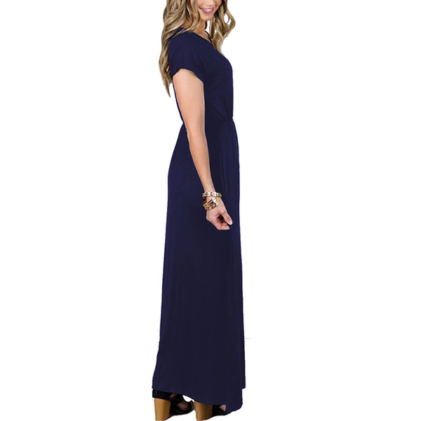 Fashion Trend Solid Color Women's V-neck Pullover Casual Wild Short-sleeved Elastic Waist Dress Long Skirt jooyoo