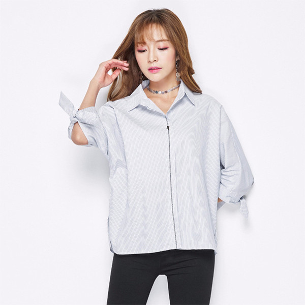 2018 Spring Summer New Pattern Fashion Stripe Four Ye Elegant Cao Decoration Cuff Bow Seven Part Sleeve Easy Thin Women Shirt