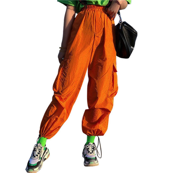 Streetwear Orange Women Pants Cargo Pants Elastic Waist Ribbon Pockets Casual Loose Full Length Sporting Pants Trousers